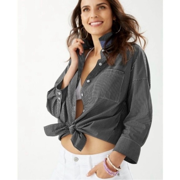 Tommy Bahama Women's Breezy Bliss Stripe Button Down Shirt Size Large Blue White - Picture 3 of 11
